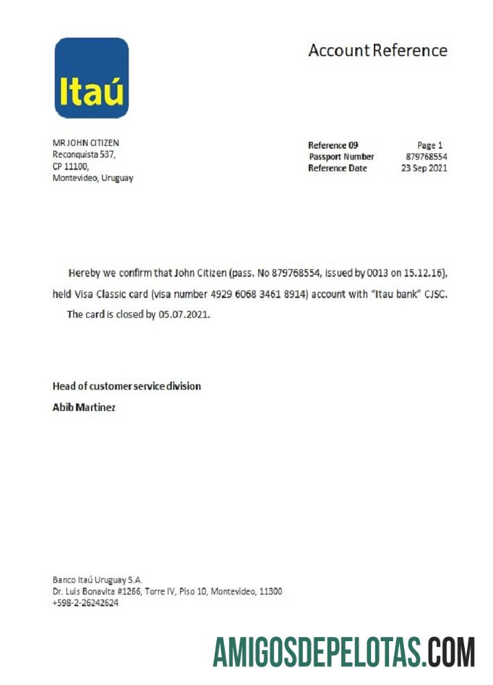 Referência de fechamento do Banco Itaú Uruguai exemplo real